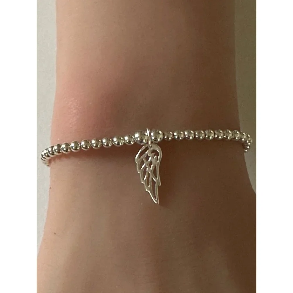 925 Sterling Silver Beaded Stretch Stacking Bracelet Wing Charm Minimalist S7" - Picture 5 of 6